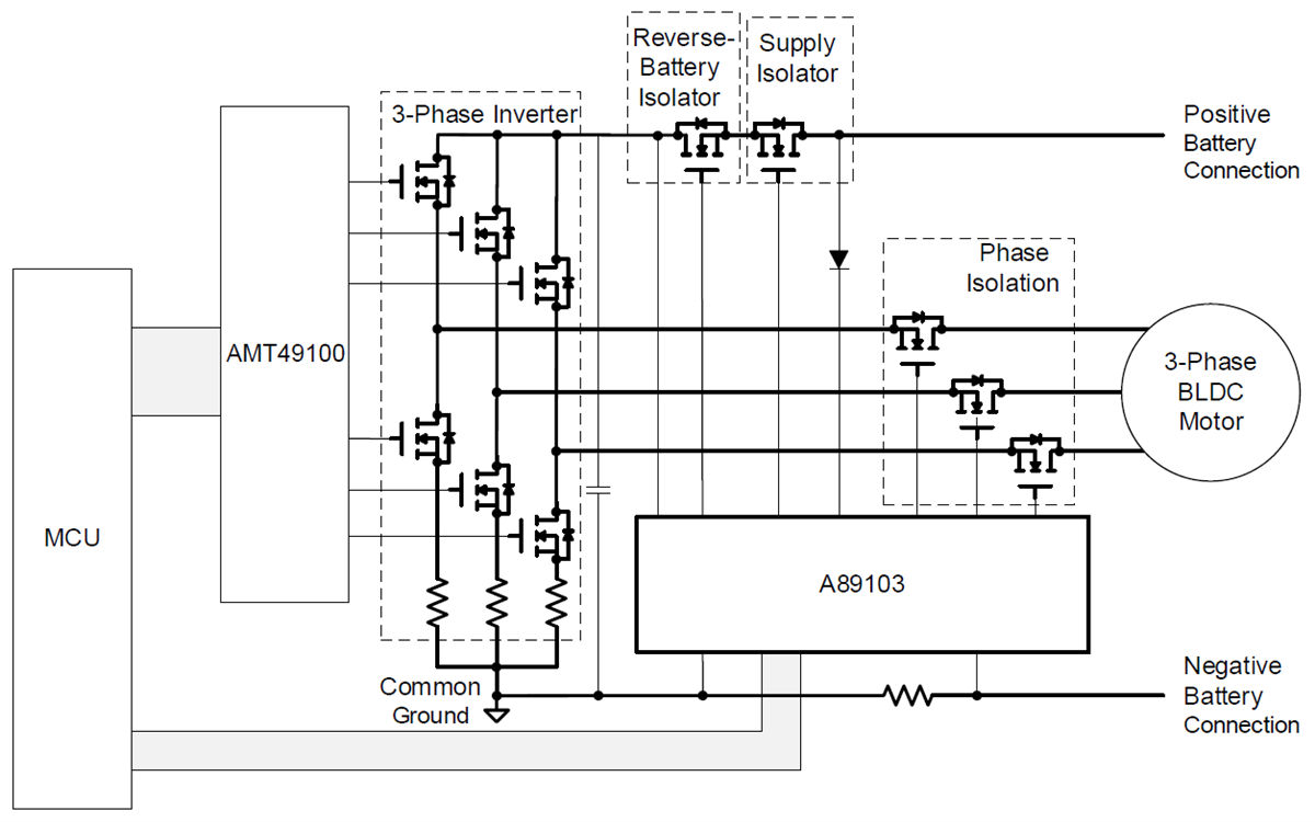 Application Circuit Diagram - Allegro MicroSystems A89103 3-Phase Battery Isolator MOSFET Drivers